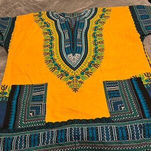 African Dashiki Tunic Shirt – Yellow & Teal Print – Unisex - one size